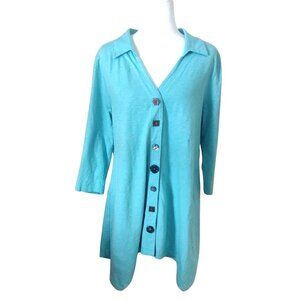Soft Surroundings Women's Size L Button-Up Turquoise Tunic Top With 3/4 Sleeves
